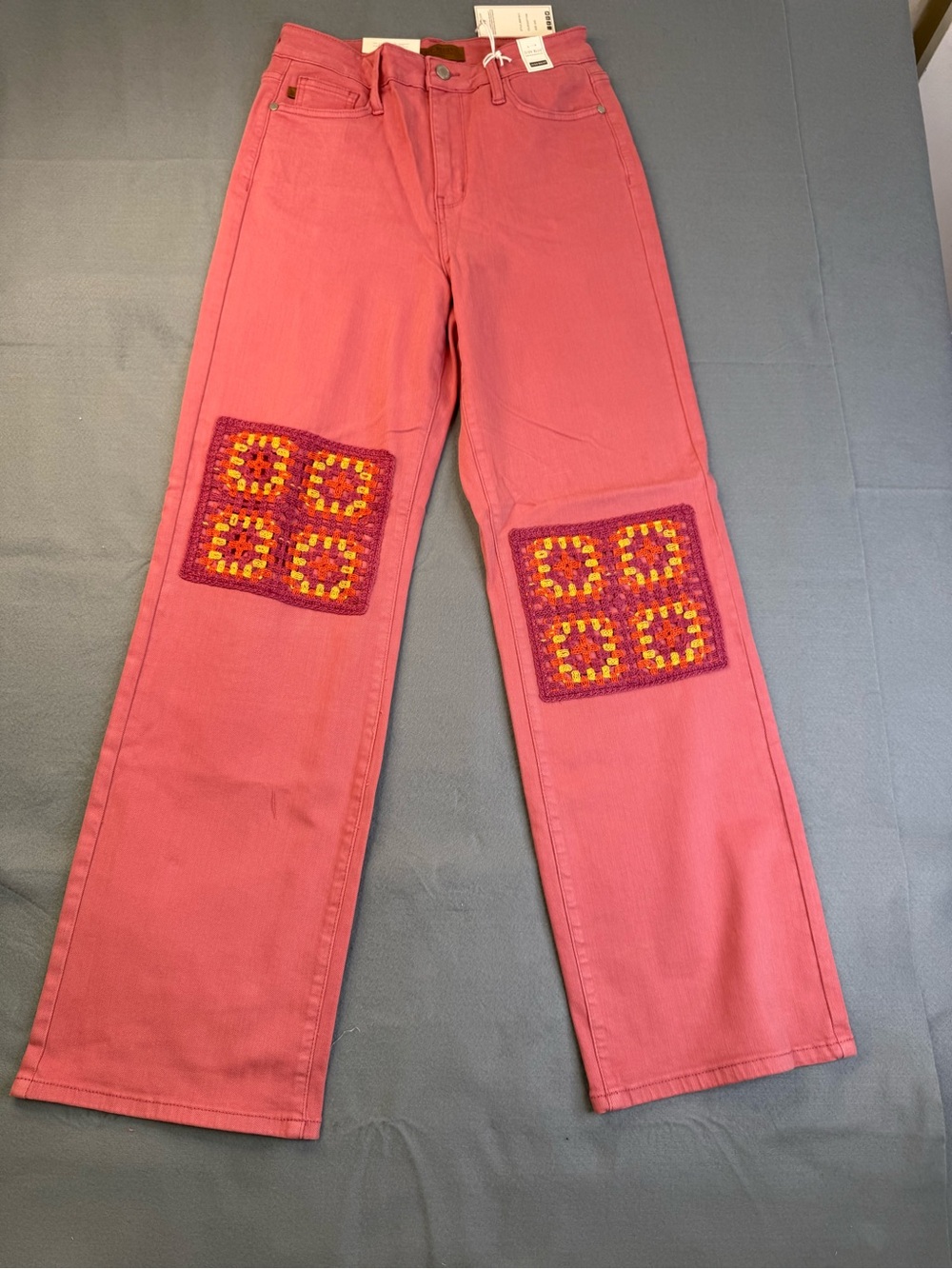 Judy Blue Pink Wide-Leg Jeans with Crochet Knee Patches